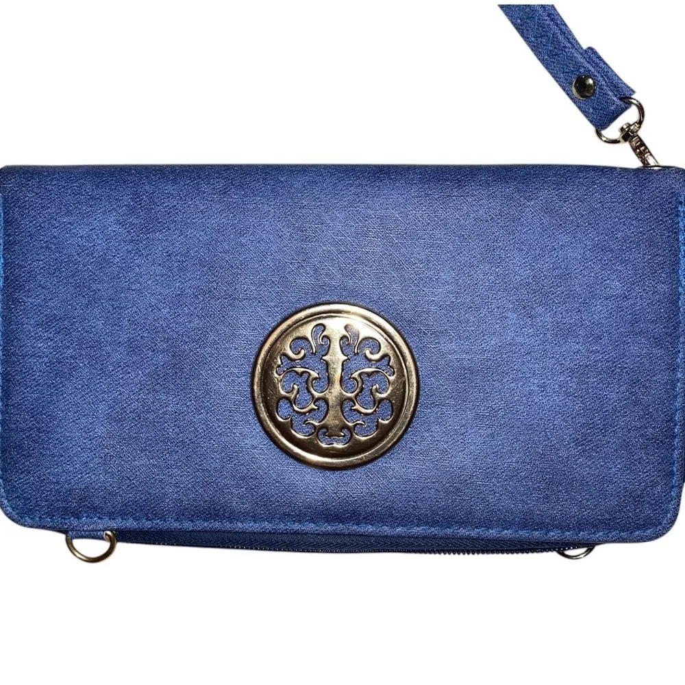 DASEIN Large Wallet Crossbody Bag &  Strap Wristlet Dark Blue Gold Tone Hardware
